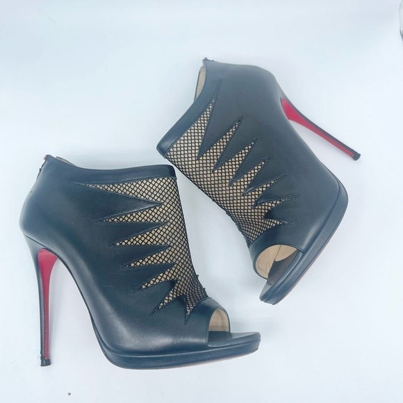Christian Louboutin Black leather & Mesh peep toe Disorder booties 120mm EU 38 - Picture 6 of 15